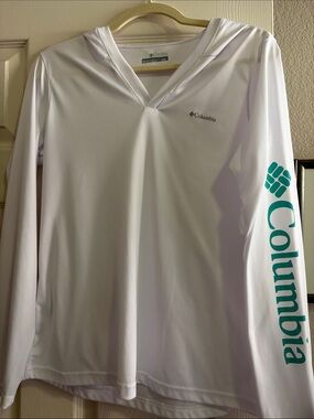Columbia White Hooded Long-Sleeve Swim Coverup with Teal Sleeve Logo